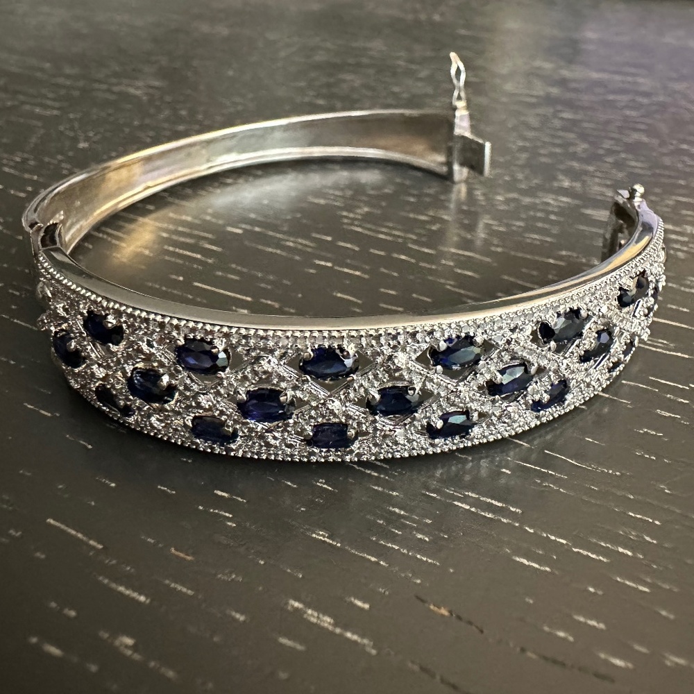 Zales Oval Lab Created Blue Sapphire Diamond Accent Bangle Sterling Silver